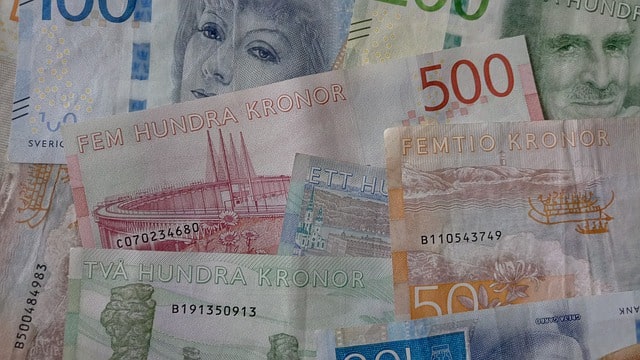 Bild på olika svenska sedlar som används för att betala räntan på ett lån.